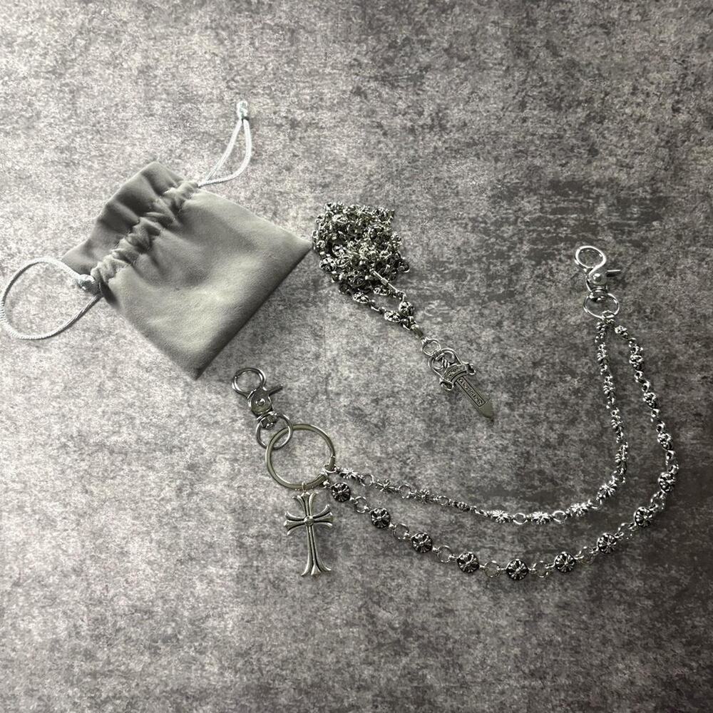 Gothic Cross Wallet Chain & Necklace Set Silver Tone Y2K Punk Streetwear
